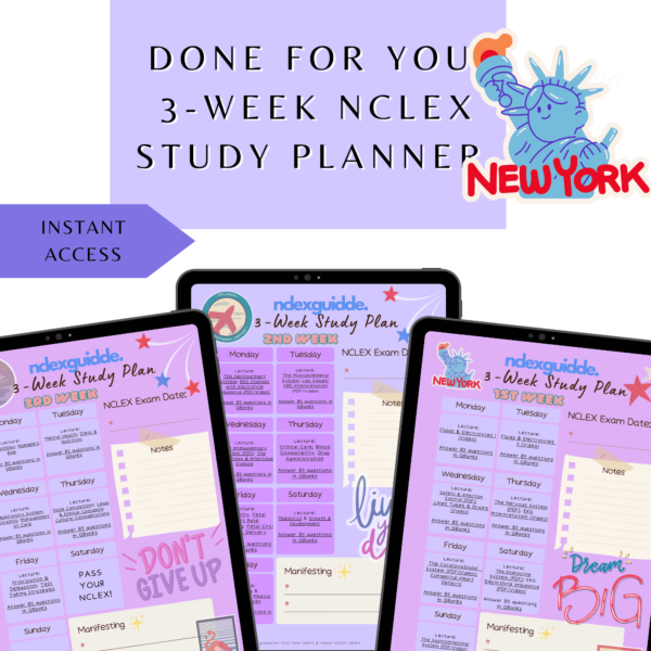 NCLEX 3 Weeks Study Planner with Attached Content Reviewers & Q-Banks (Violet Pastel Version)